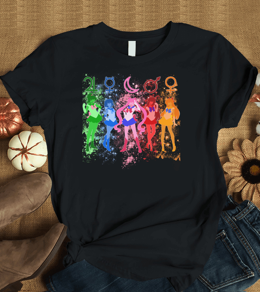 Sailor Moon The Inner Senshi with Planetary Symbols and Colorful Cosmic Background T-Shirt