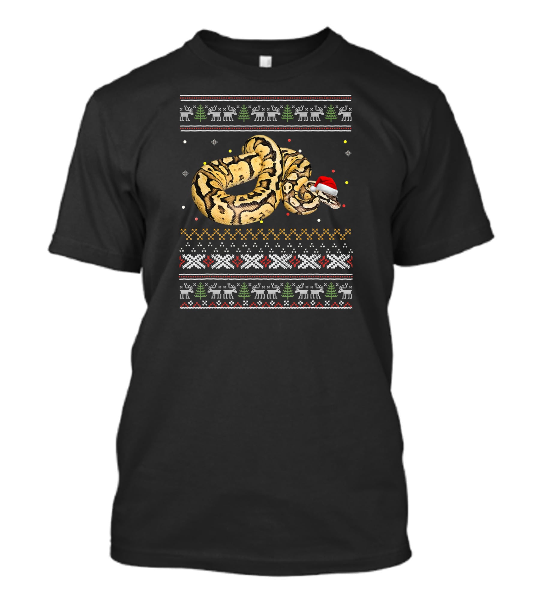 Ball Python Christmas Ugly Sweater Pattern Santa Hat T-Shirt