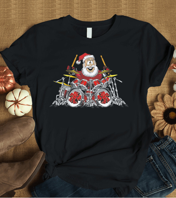 T-Shirt: Christmas Santa Drummer Playing Red Drum Kit T-Shirt Christmas Santa Drummer Playing Red Drum Kit T-Shirt