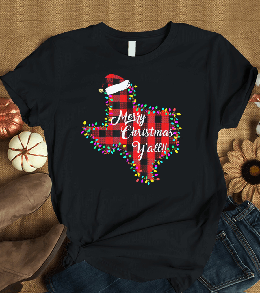 Texas Merry Christmas Y'All Plaid Lights T-Shirt