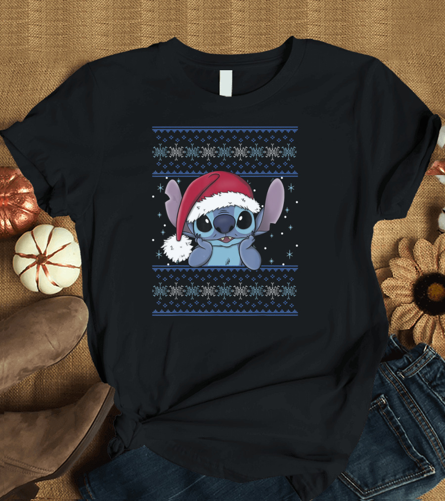Disney Lilo Stitch Christmas Santa Hat UglyStyle Snowflakes T-Shirt