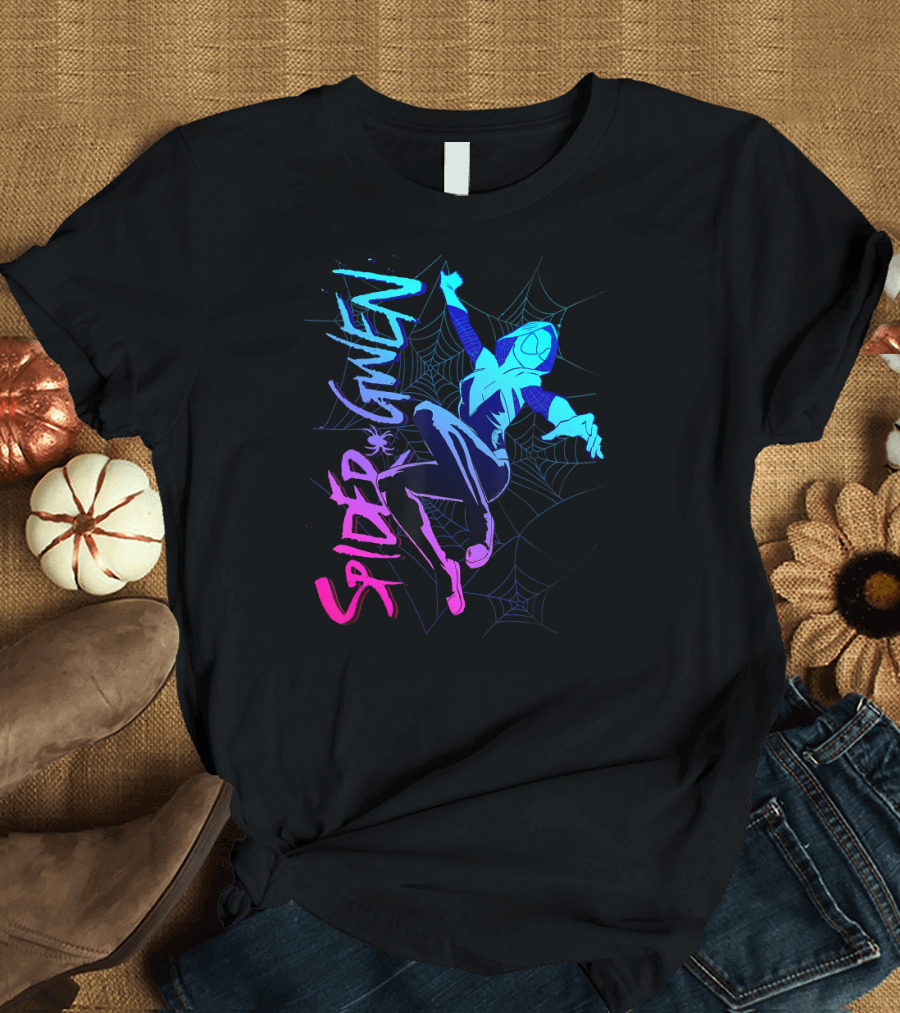 Marvel Spider Gwen Neon Gradient Web Jumping Pose T-Shirt