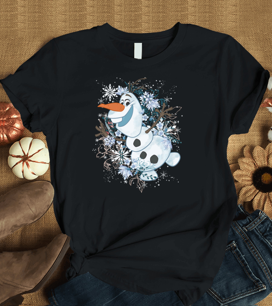 Disney Frozen Olaf Joyfully Dancing Among Snowflakes and Flowers T-Shirt