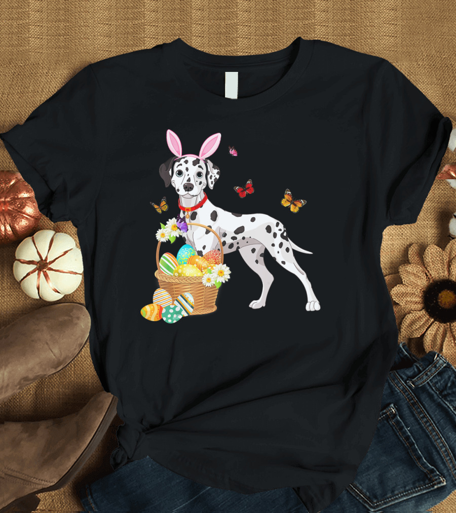 Dalmatian with Bunny Ears Holding Easter Egg Basket and Butterflies T-Shirt