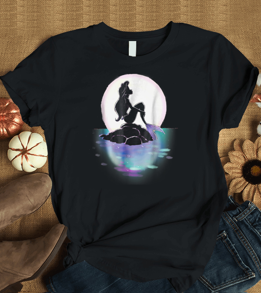 Disney Ariel Little Mermaid Silhouette Against Colorful Sunset Moon T-Shirt