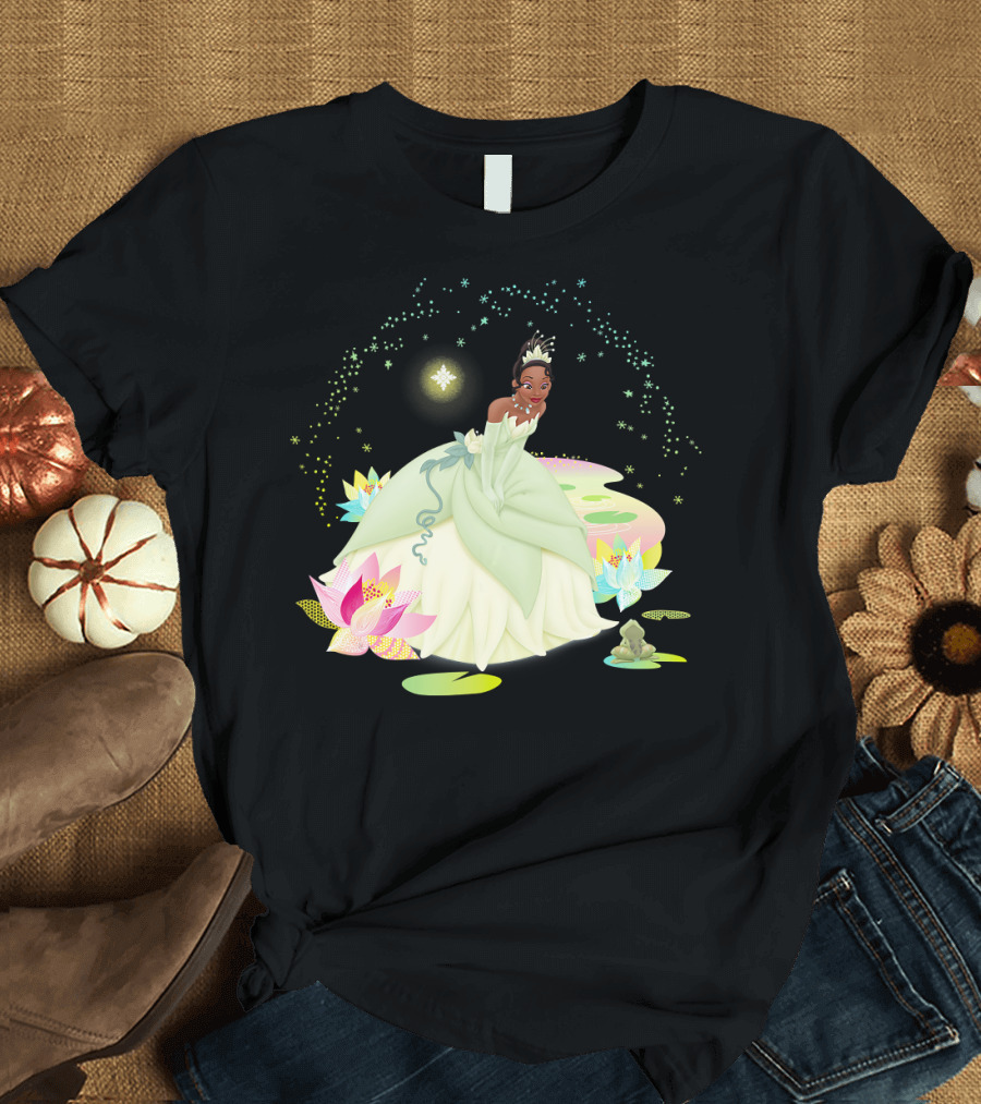 Disney The Princess and The Frog Tiana Bayou Magic Night Scene with Lily Pads and Frog T-Shirt