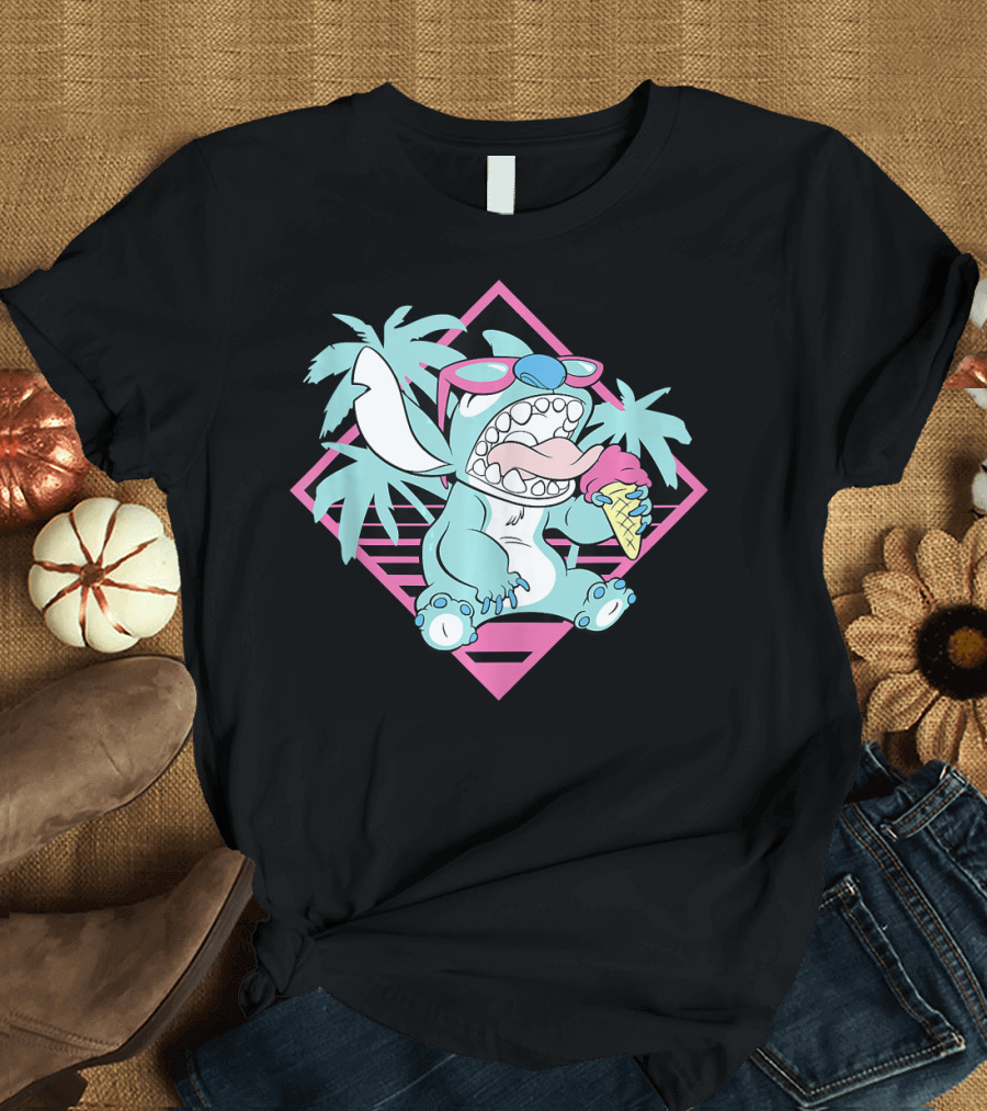 Disney Lilo Stitch 90s Beach Ice Cream Palm Trees Aesthetic T-Shirt