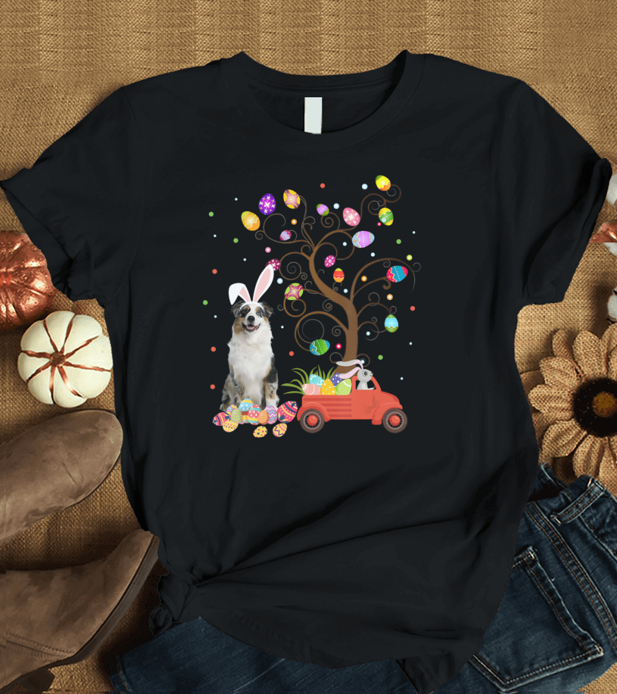 Australian Shepherd Bunny Ears Easter Eggs Tree Truck T-Shirt