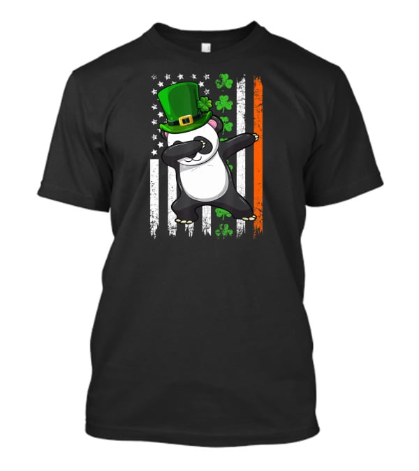 Dabbing Panda Leprechaun Shamrock Green Hat St Patrick's Day Irish Flag T-Shirt
