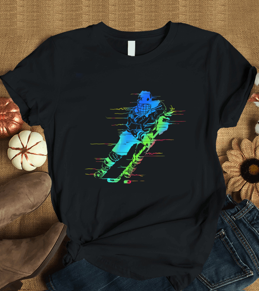 Ice Hockey Player Funny Athletes Glitch Effect Neon Athlete T-Shirt