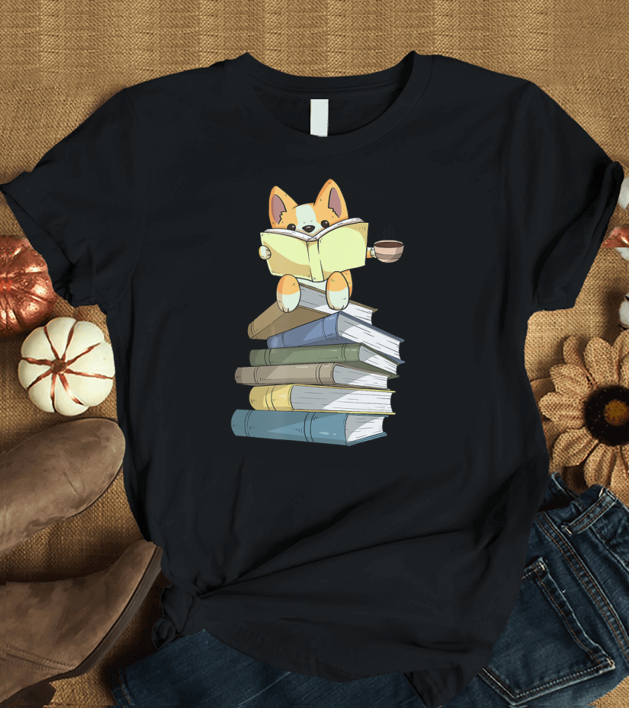 Welsh Corgi Reading Books with Coffee T-Shirt