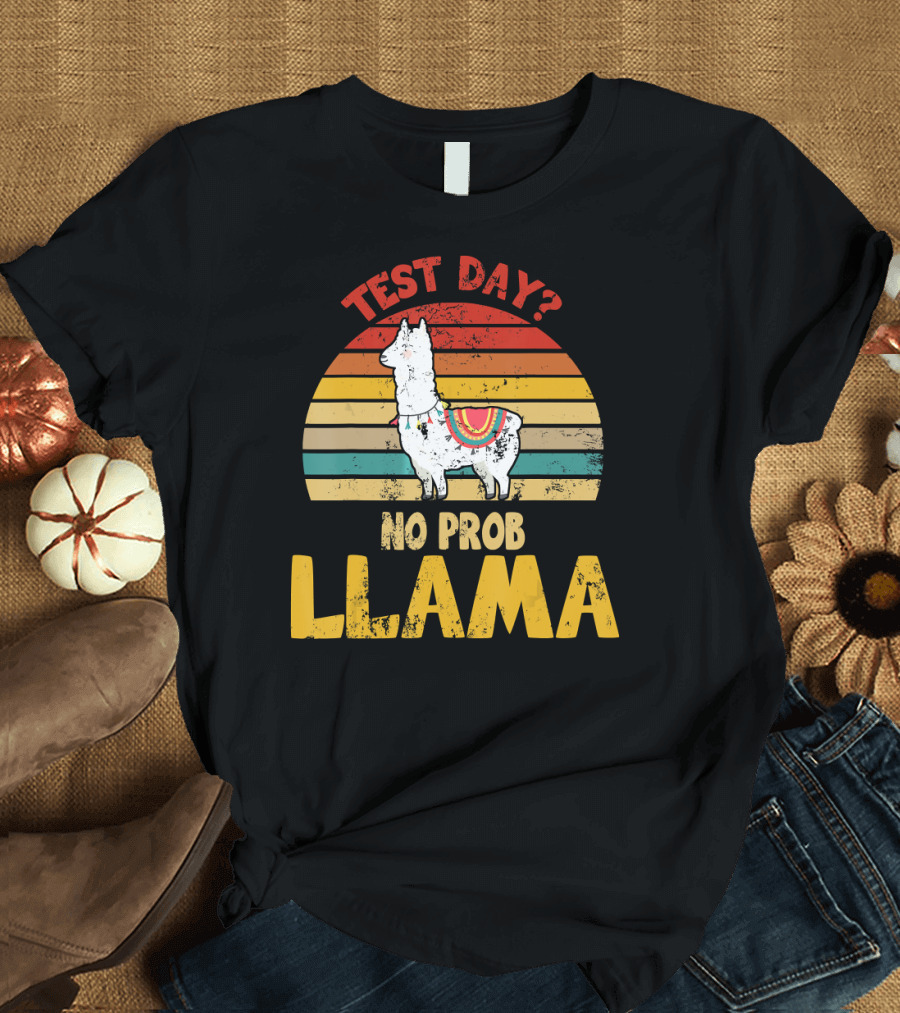 Test Day No Prob Llama Teacher Exam Testing Retro Sunset Llama T-Shirt