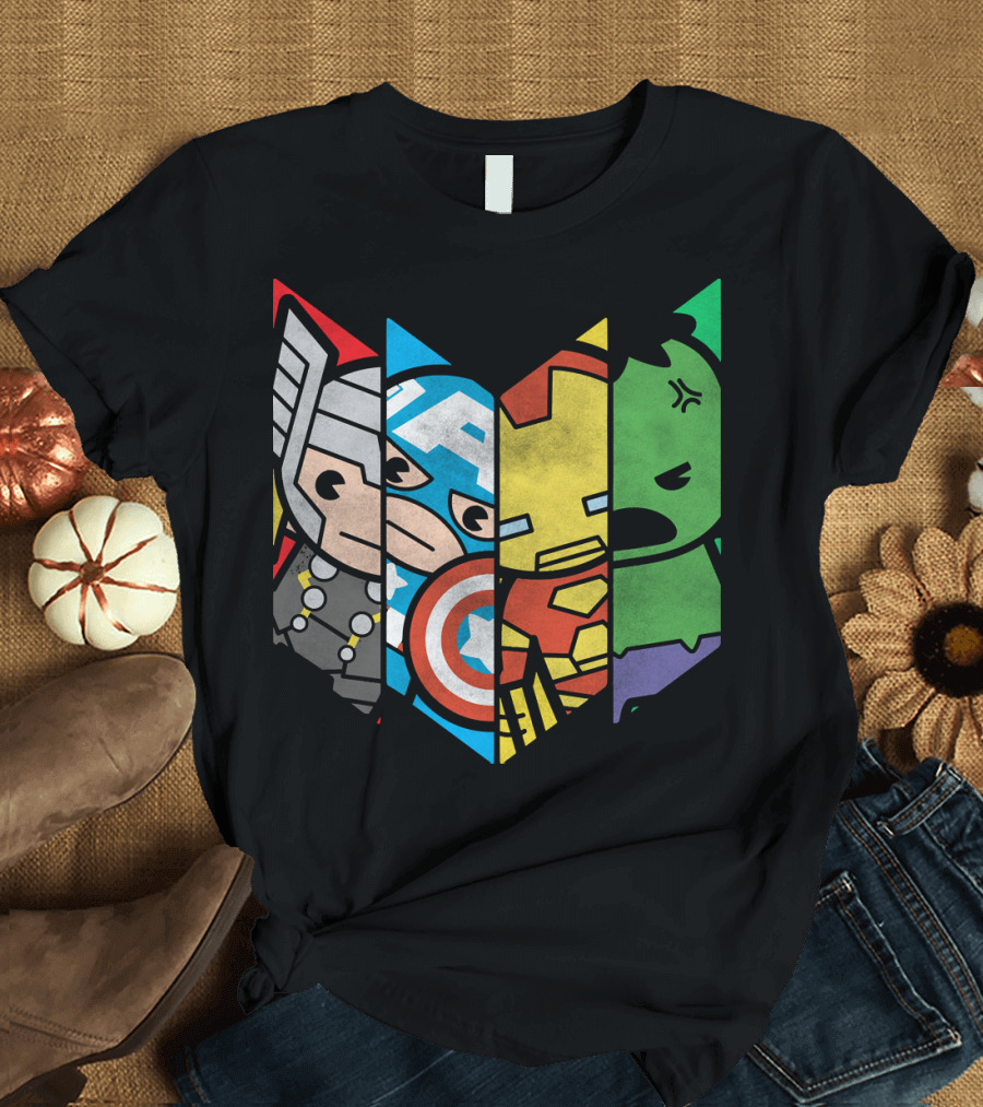 Marvel Avengers Cartoon Thor Captain America Iron Man Hulk Shield T-Shirt