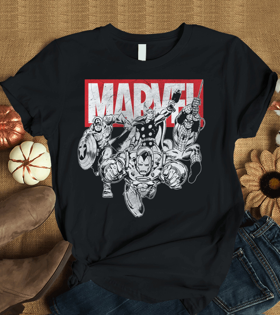 Marvel Avengers Captain America Thor Spider-Man Iron Man Grayscale T-Shirt