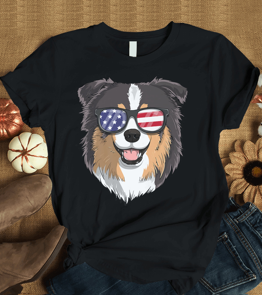 Australian Shepherd Patriotic USA 4th of July American Flag Sunglasses T-Shirt