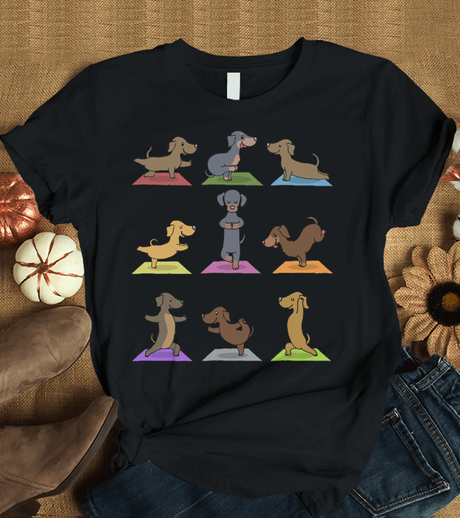 Dachshund Yoga Funny Dachshund Poses on Colorful Mats 227 T-Shirt