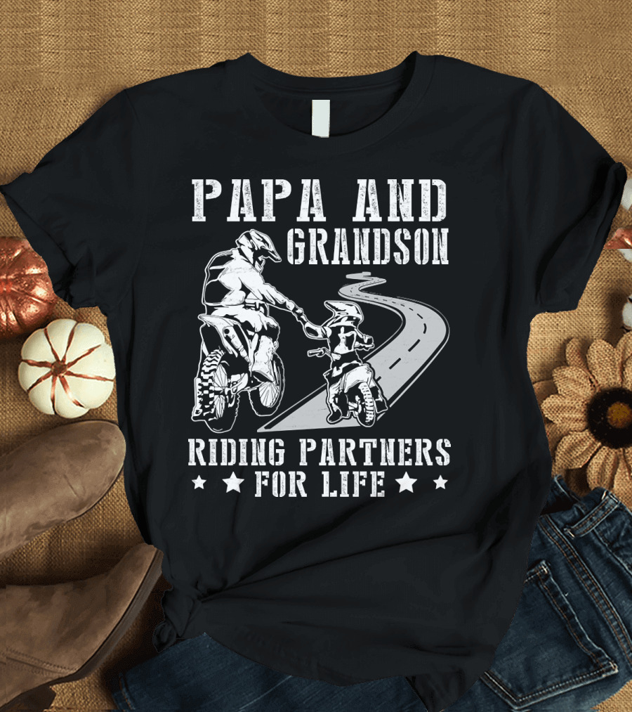 Papa And Grandson Riding Partners For Life Happy Motor Rider Road Adventure T-Shirt
