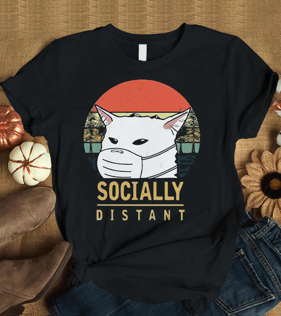 Socially Distant Cat White Masked Sunset T-Shirt