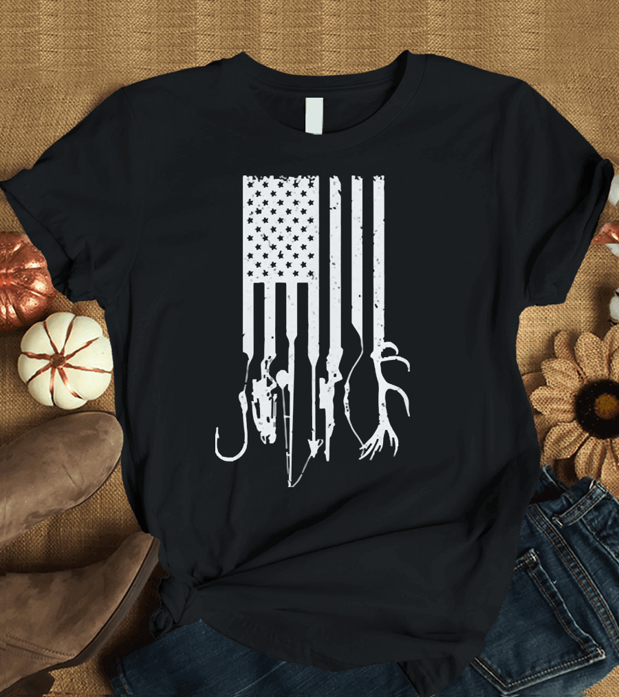 American Flag with Fishing Hooks and Hunting Gear T-Shirt