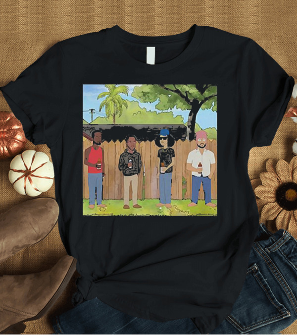 T-Shirt: King of The Hill Treatment with Four Men by Fence with Beverages and Trees T-Shirt King of The Hill Treatment with Four Men by Fence with Beverages and Trees T-Shirt