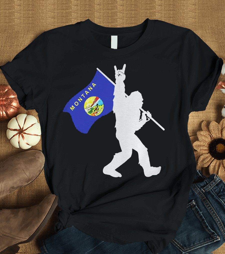 Bigfoot Holding Montana State Flag Middle Finger Gesture T-Shirt