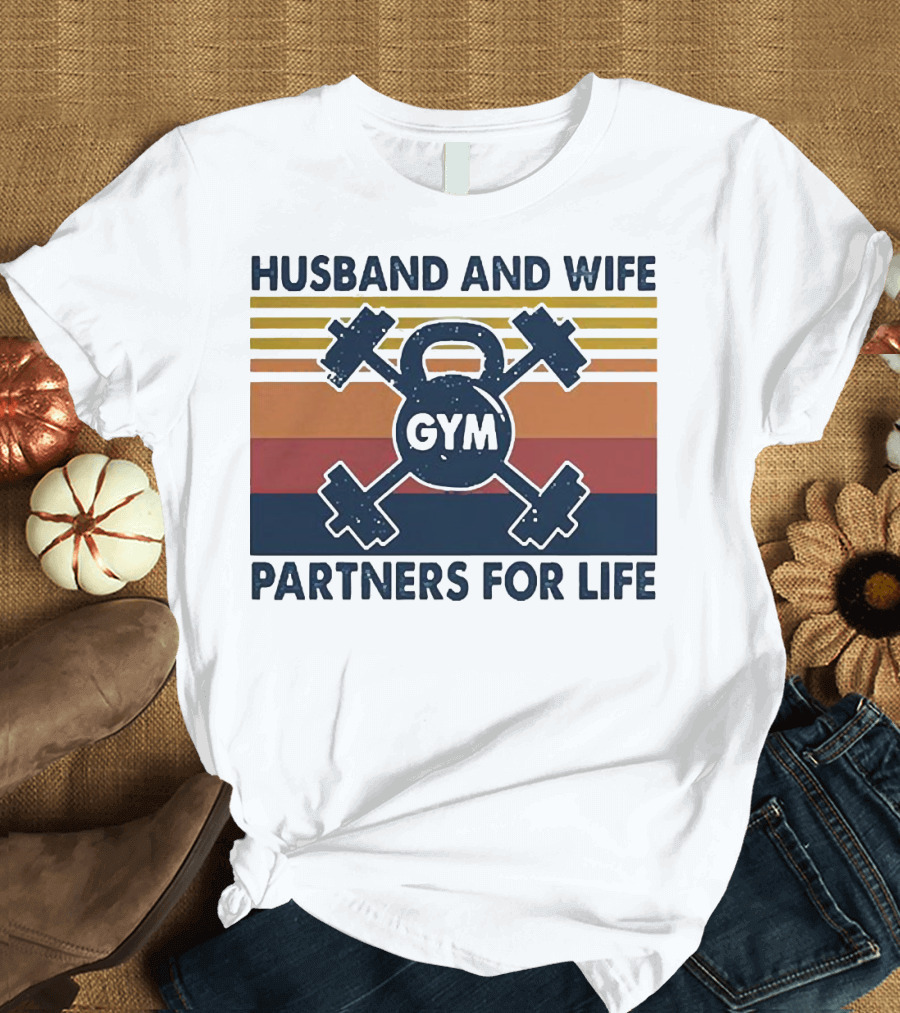 Husband And Wife Gym Partners For Life Kettlebell And Dumbbells Vintage Stripes T-Shirt