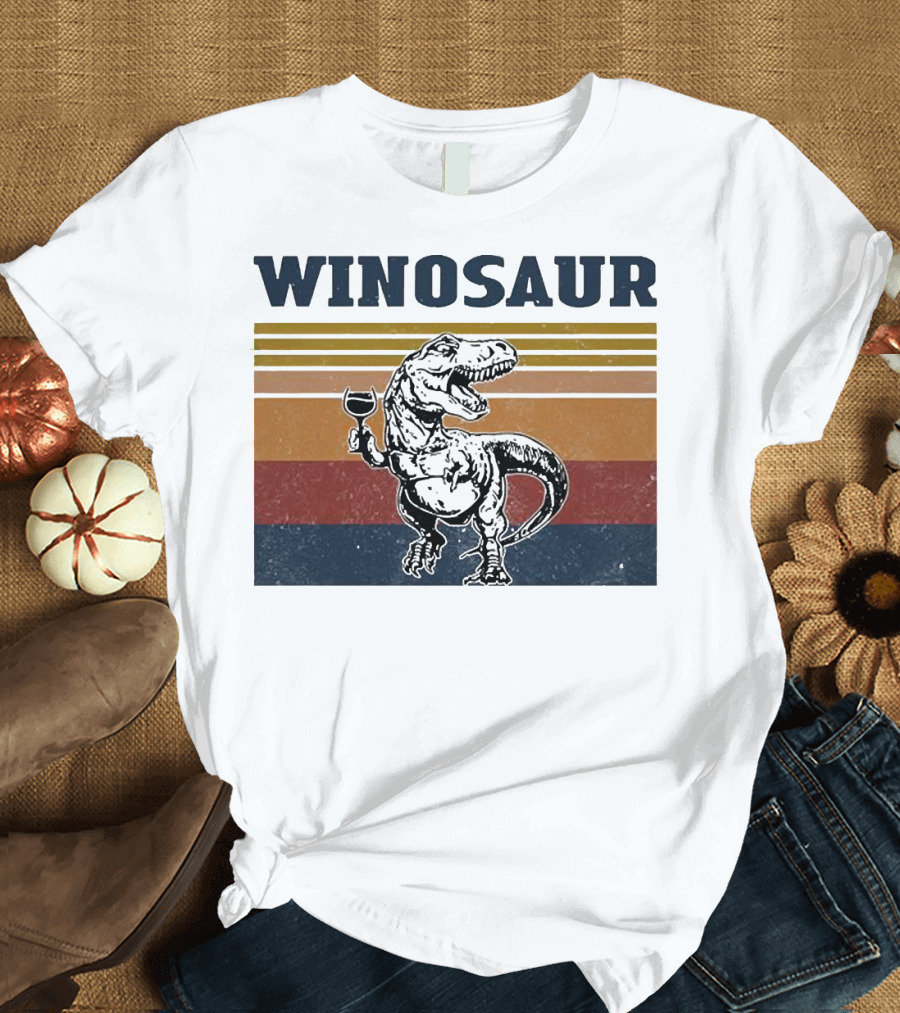 WINOSAUR T-Rex Drinking Wine Retro Stripes T-Shirt