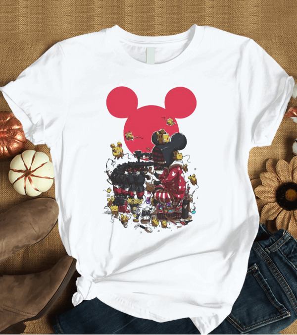 T-Shirt: Mickey Mouse Red Circle Artist Scene with Small Characters T-Shirt Mickey Mouse Red Circle Artist Scene with Small Characters T-Shirt