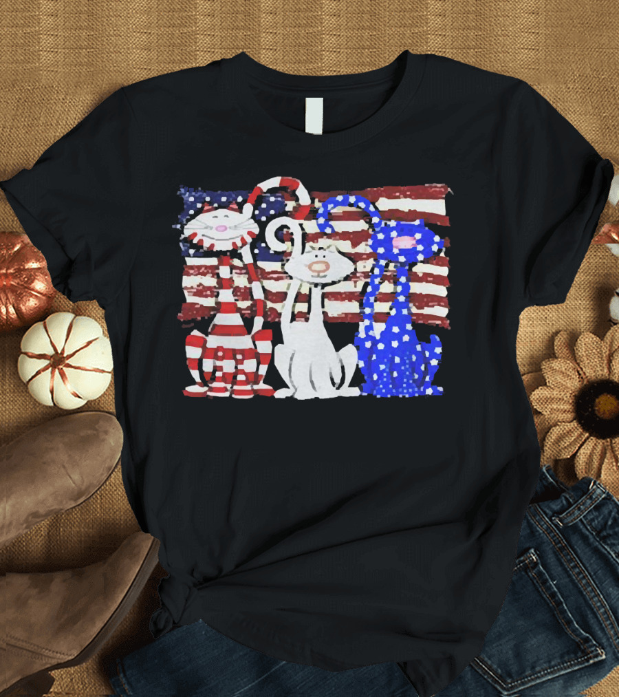 Cats with American Flag Stripes Stars Independence Day Veteran U.S T-Shirt