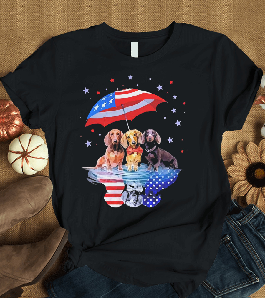 Dogs Dachshund American Flag Stars Umbrella T-Shirt