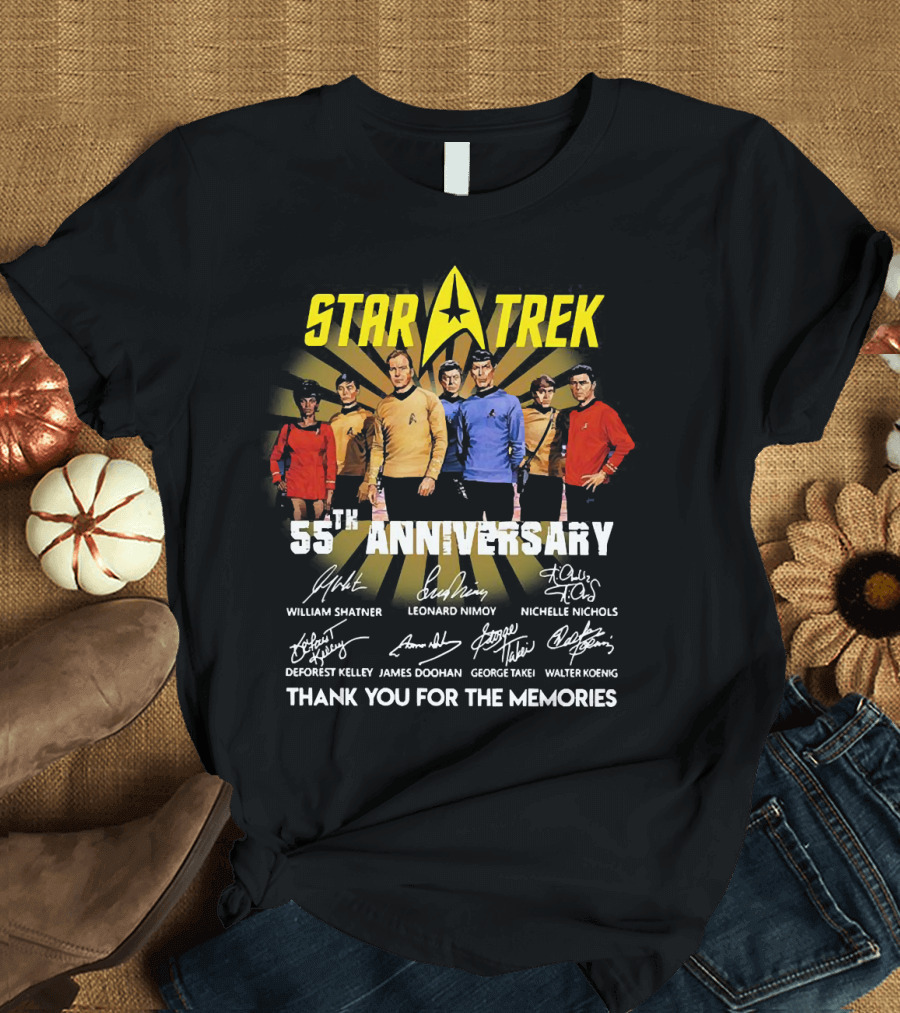Star Trek 55th Anniversary Thank You For The Memories William Shatner Leonard Nimoy Nichelle Nichols Signatures T-Shirt