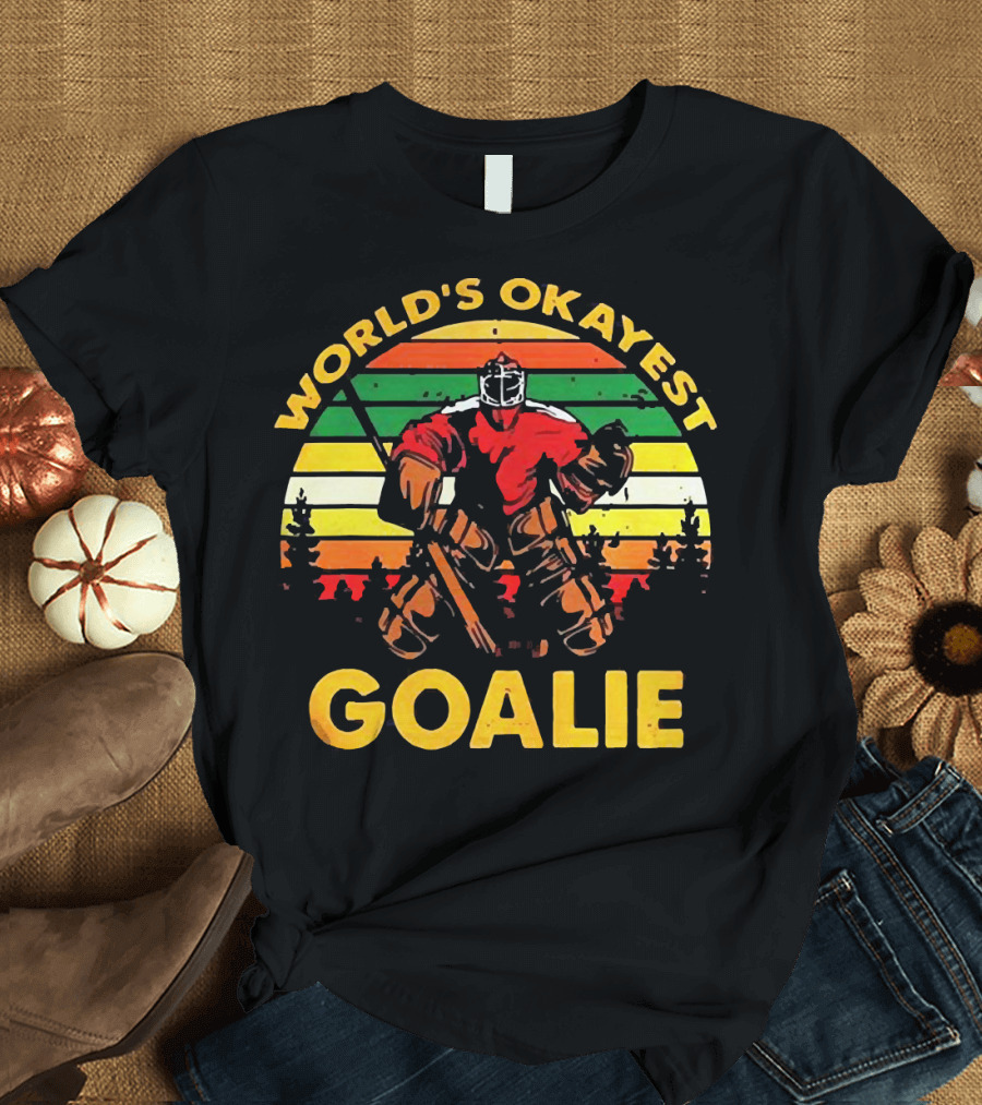 World's Okayest Goalie Vintage Hockey Retro Stripes T-Shirt