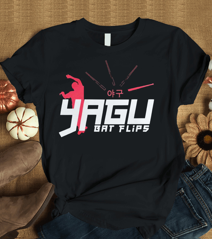 Yagu Bat Flips 야구 Red Silhouette with Bats T-Shirt