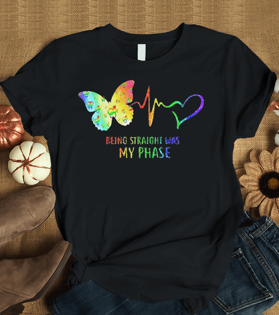 Being Straight Was My Phase Heartbeat Butterfly Rainbow T-Shirt
