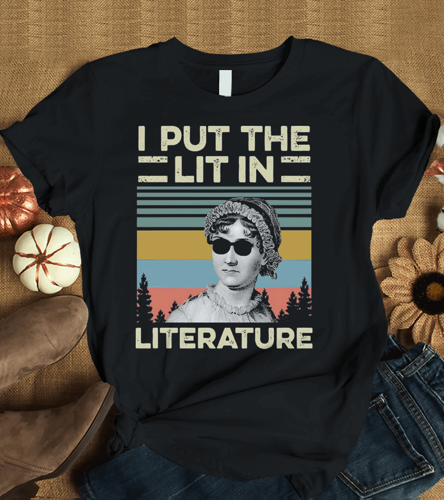 I Put the Lit in Literature Jane Austen Vintage Sunglasses Retro Forest Stripes T-Shirt
