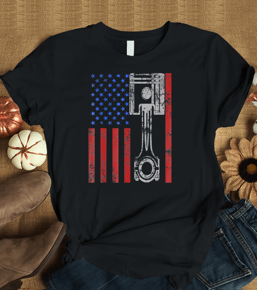 American Flag Muscle Car Piston Patriotic T-Shirt