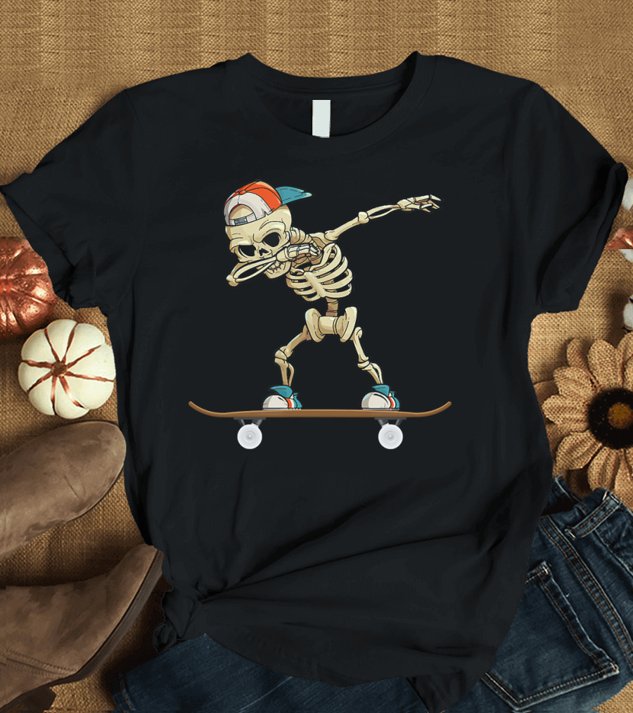 Dabbing Skeleton Skater Cool Skateboard Trick T-Shirt
