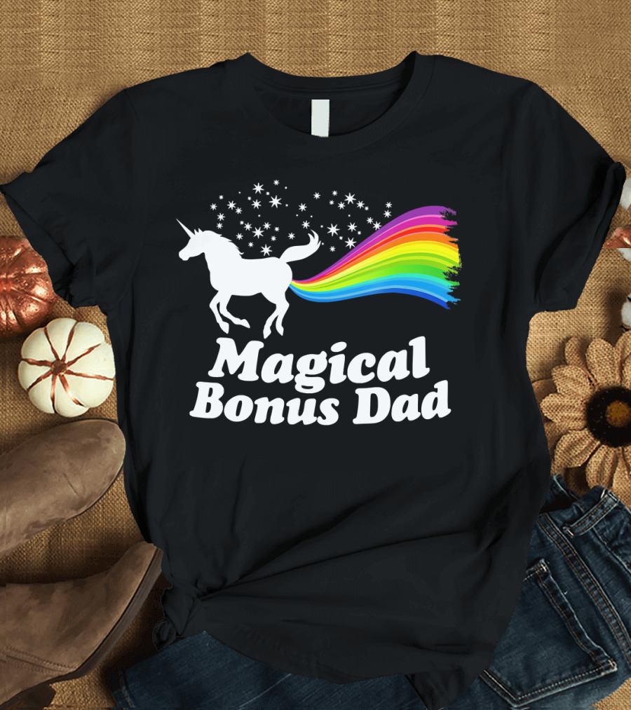 Magical Bonus Dad Unicorn with Rainbow and Stars T-Shirt