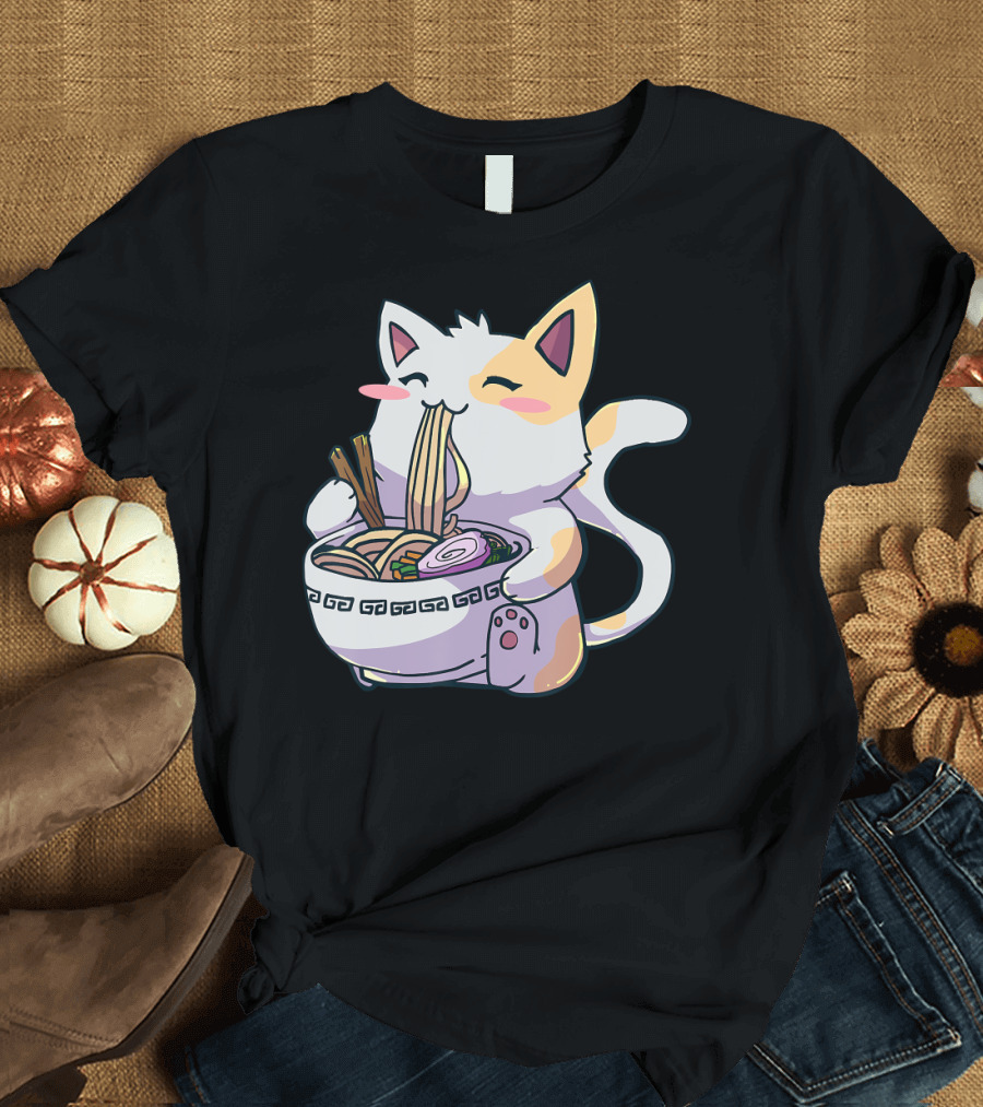 Kawaii Anime Cat Eating Ramen Japanese T-Shirt