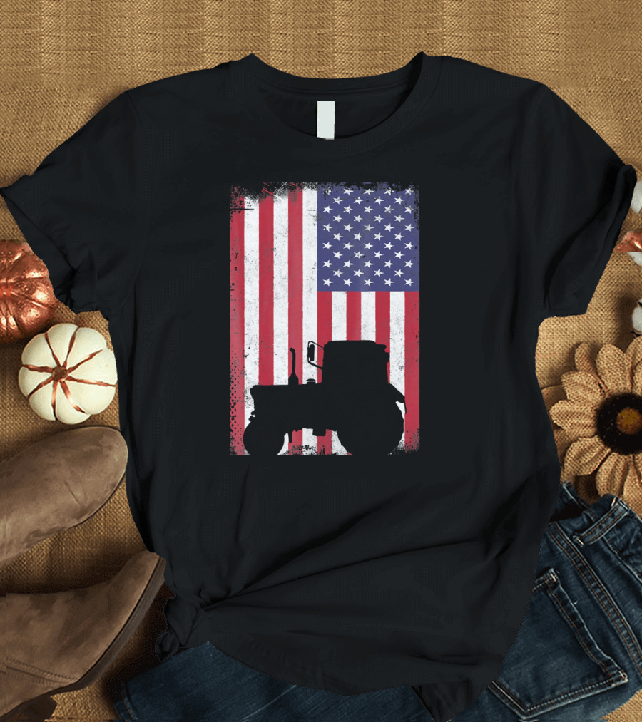 Patriotic American Flag with Vintage Tractor Farming T-Shirt