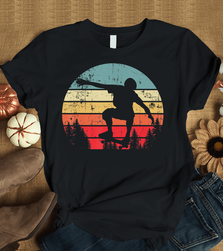 Trick Move Retro Vintage Skateboarder Silhouette Forest Sunset T-Shirt