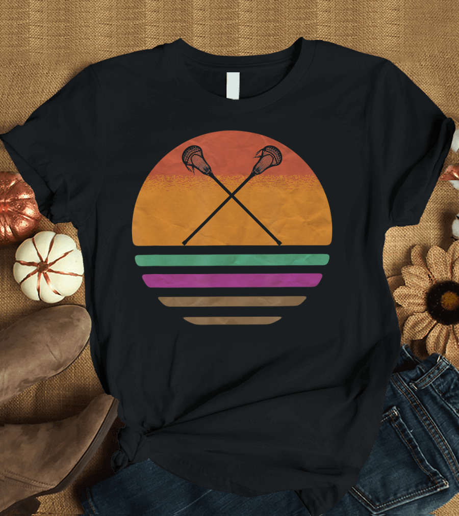 Vintage Retro Lacrosse Crossed Sticks Silhouette Sun T-Shirt