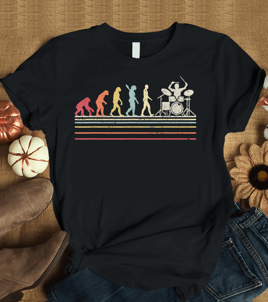 Funny Drummer Retro Vintage Evolution Of Man T-Shirt