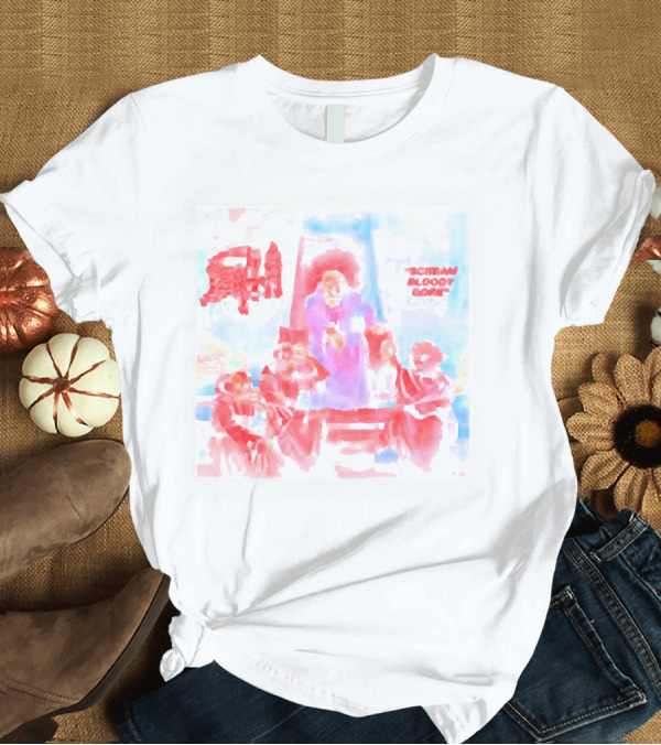 T-Shirt: Death Scream Bloody Gore Album Art Scene Featuring Red Ruling Figure and Gathered Figures T-Shirt Death Scream Bloody Gore Album Art Scene Featuring Red Ruling Figure and Gathered Figures T-Shirt