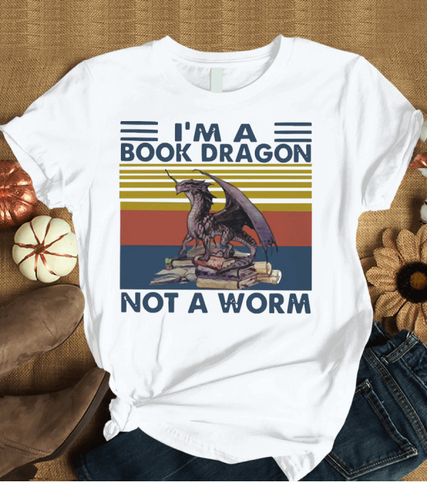 T-Shirt: I'm A Book Dragon Not A Worm Fantasy Creature on Stack of Books T-Shirt I'm A Book Dragon Not A Worm Fantasy Creature on Stack of Books T-Shirt