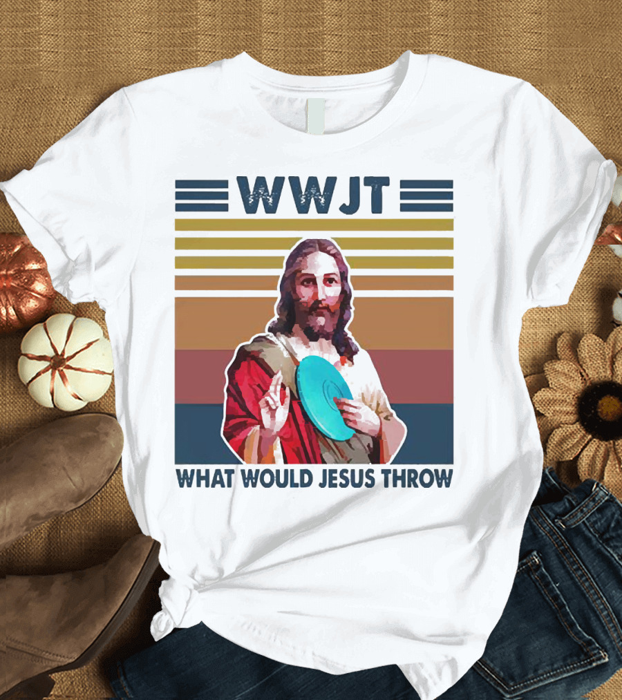 WWJT What Would Jesus Throw Disc Golf Frisbee Retro Stripes T-Shirt