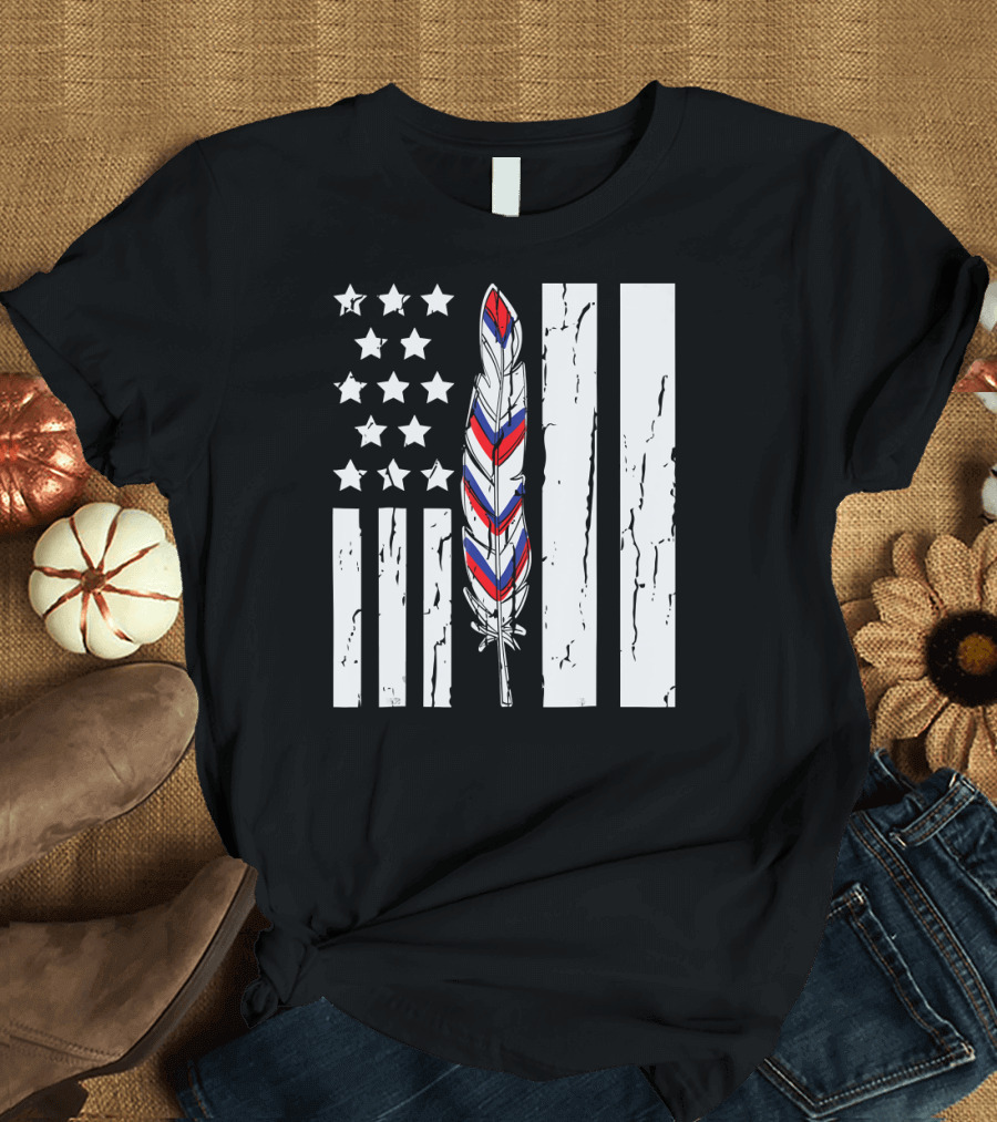American Flag Stars Stripes Native Tribe Feather Pride T-Shirt