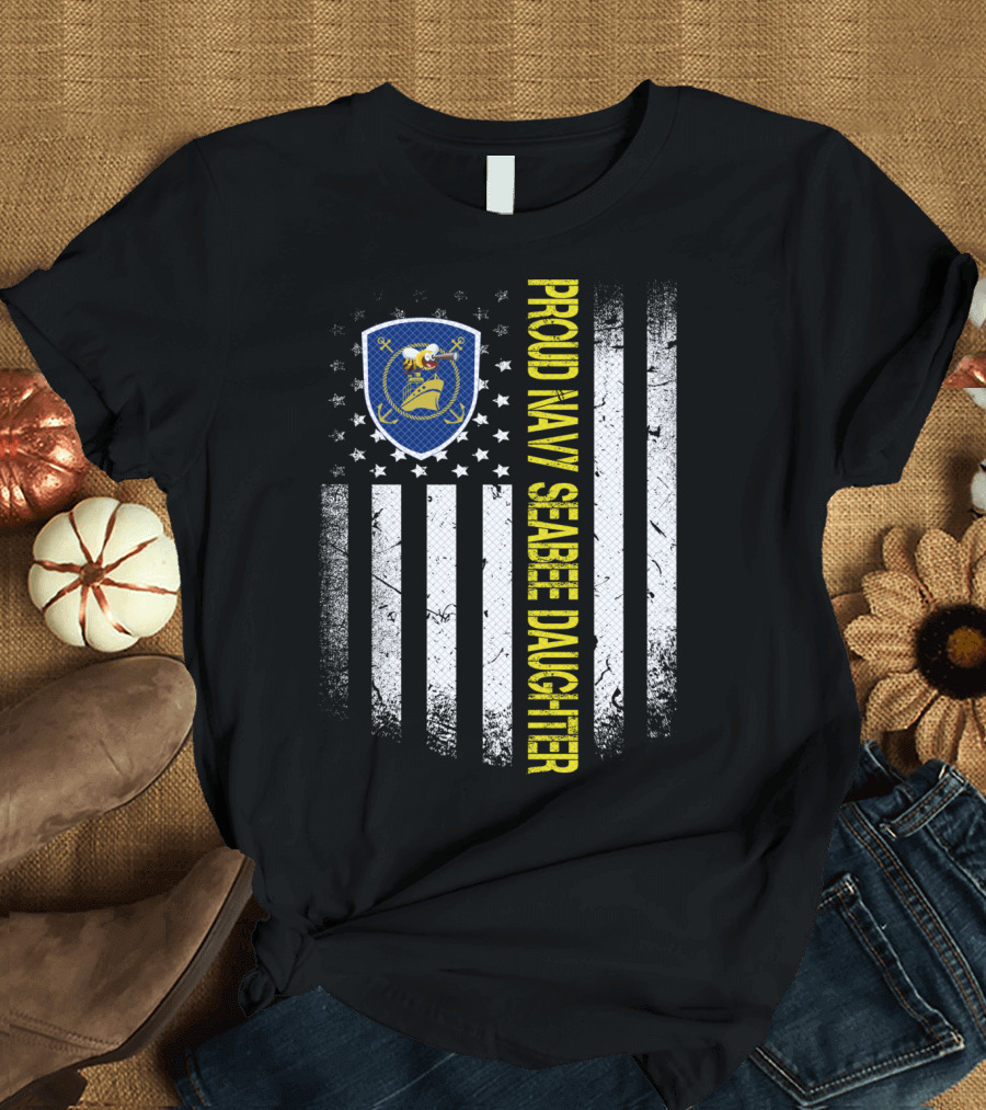 Proud Navy Seabee Daughter Black and White American Flag with Seabee Emblem T-Shirt