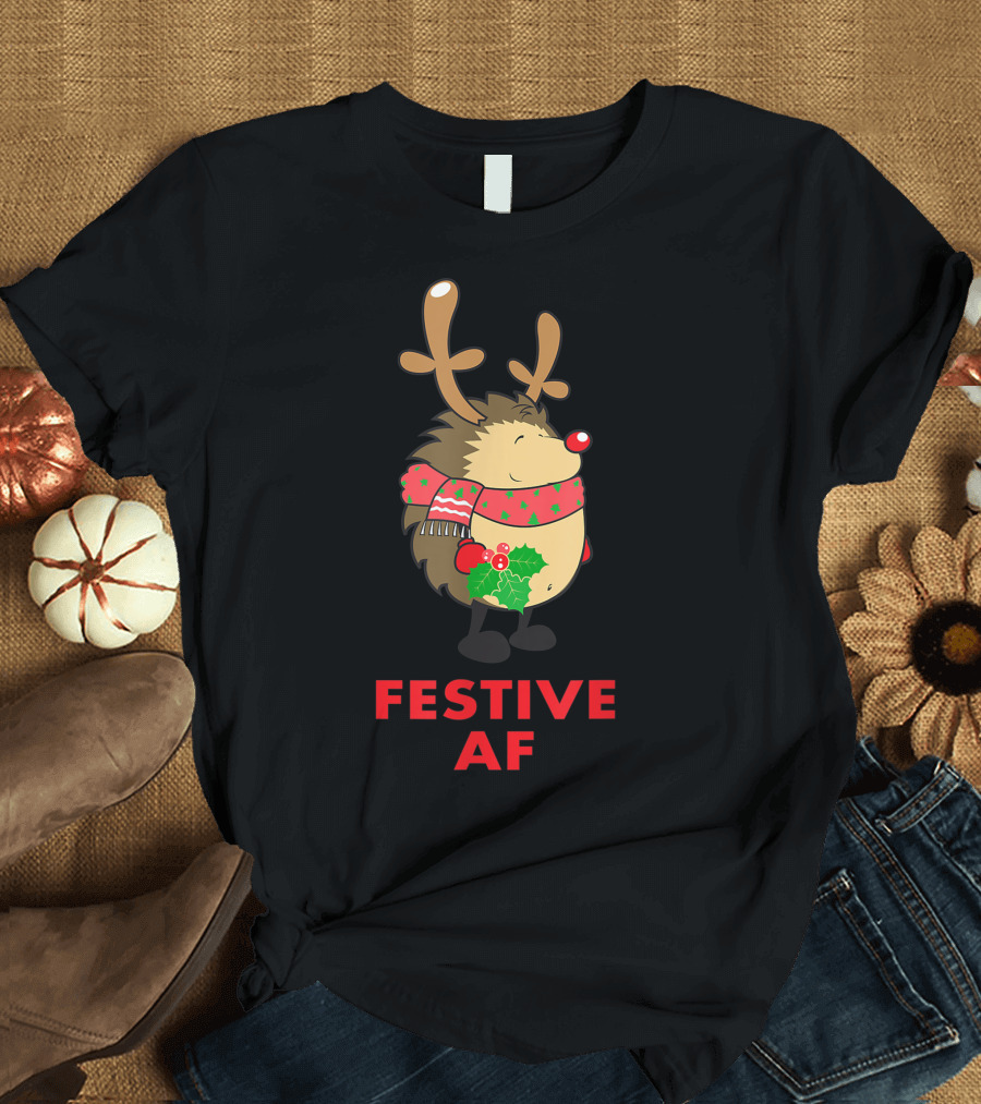 Festive AF Christmas Hedgehog with Scarf and Antlers T-Shirt