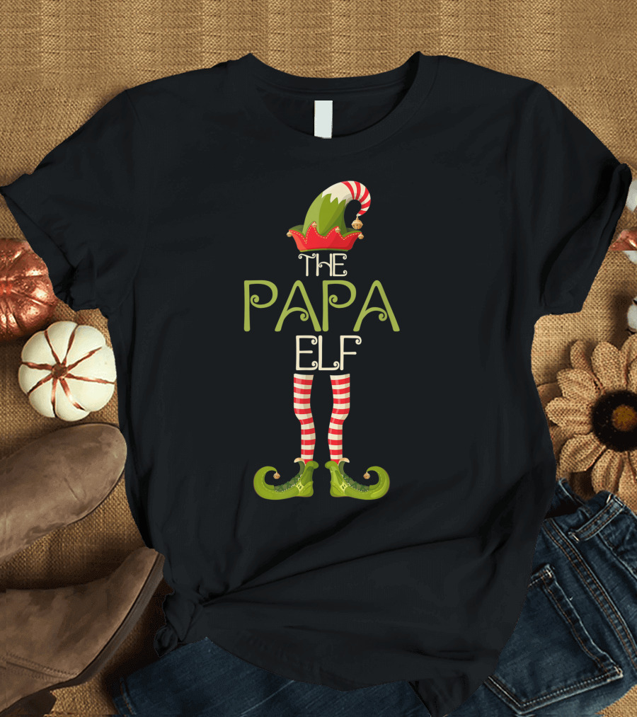 The Papa Elf Christmas Hat and Shoes with Red and White Striped Legs T-Shirt